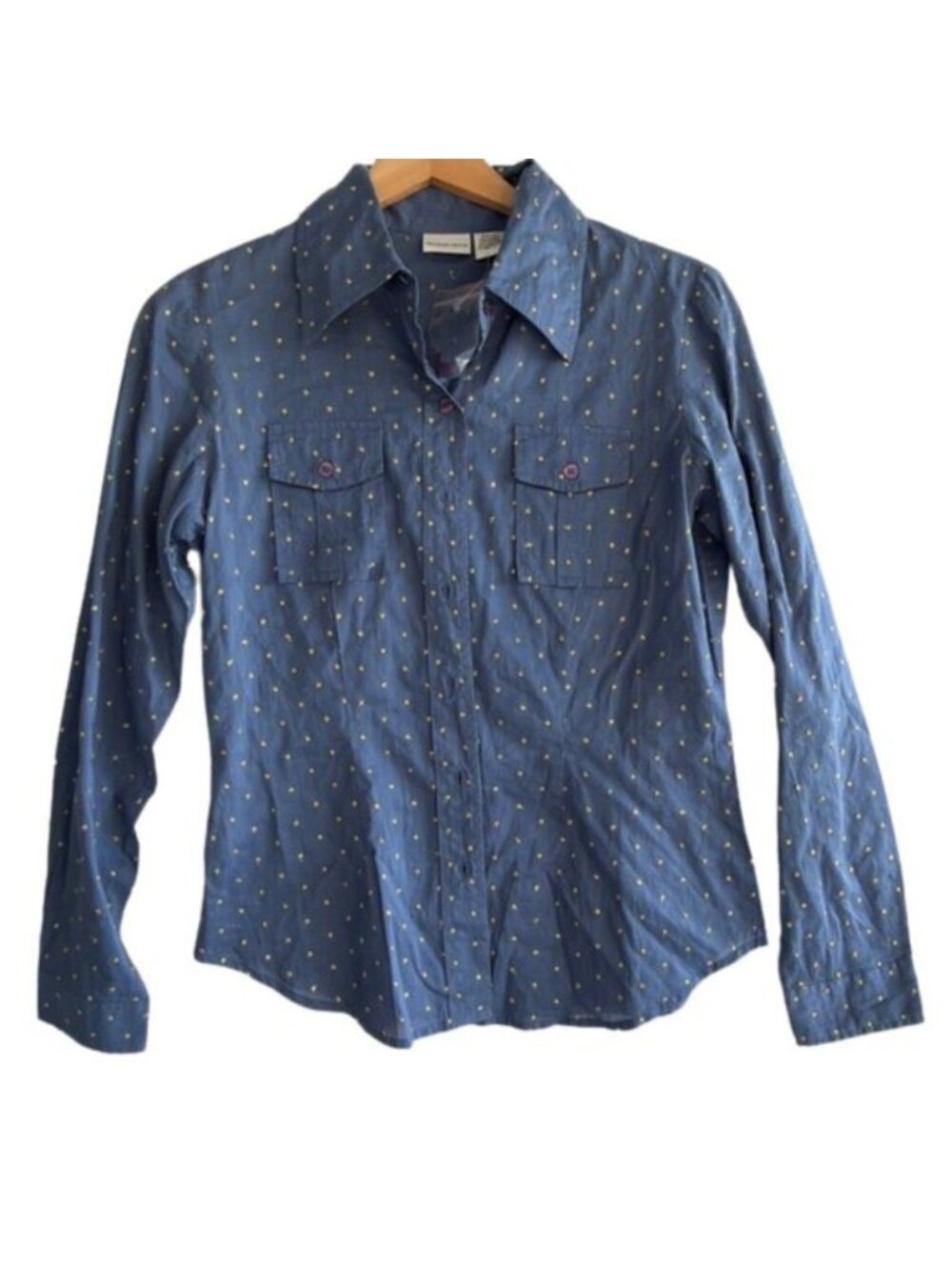Newport News Chambray Shirt 6 Blue Gold Metallic Dot Button Front Y2K Preppy